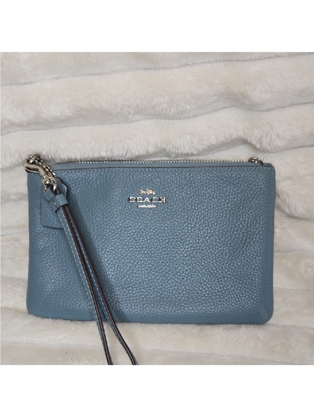 COACH Pebbled Leather Wristlet in Dusty Blue